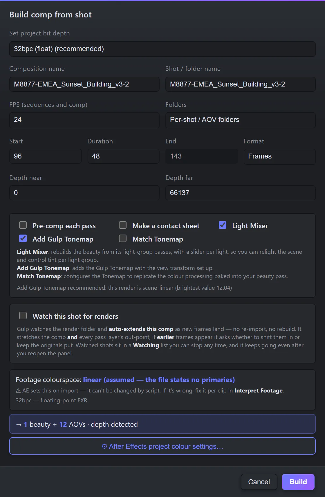 The Build comp from shot dialog for a Redshift shot with light groups