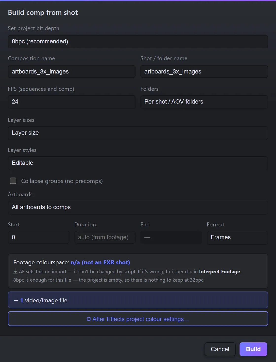 The Build dialog for a Photoshop document with artboards