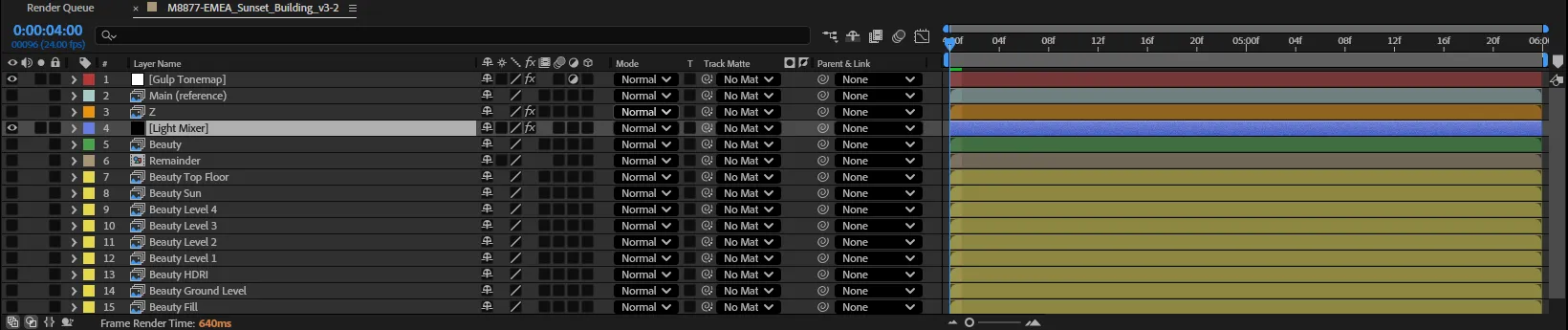 The built comp in the After Effects timeline: Gulp Tonemap on top, the Light Mixer, the beauty and its passes colour-coded