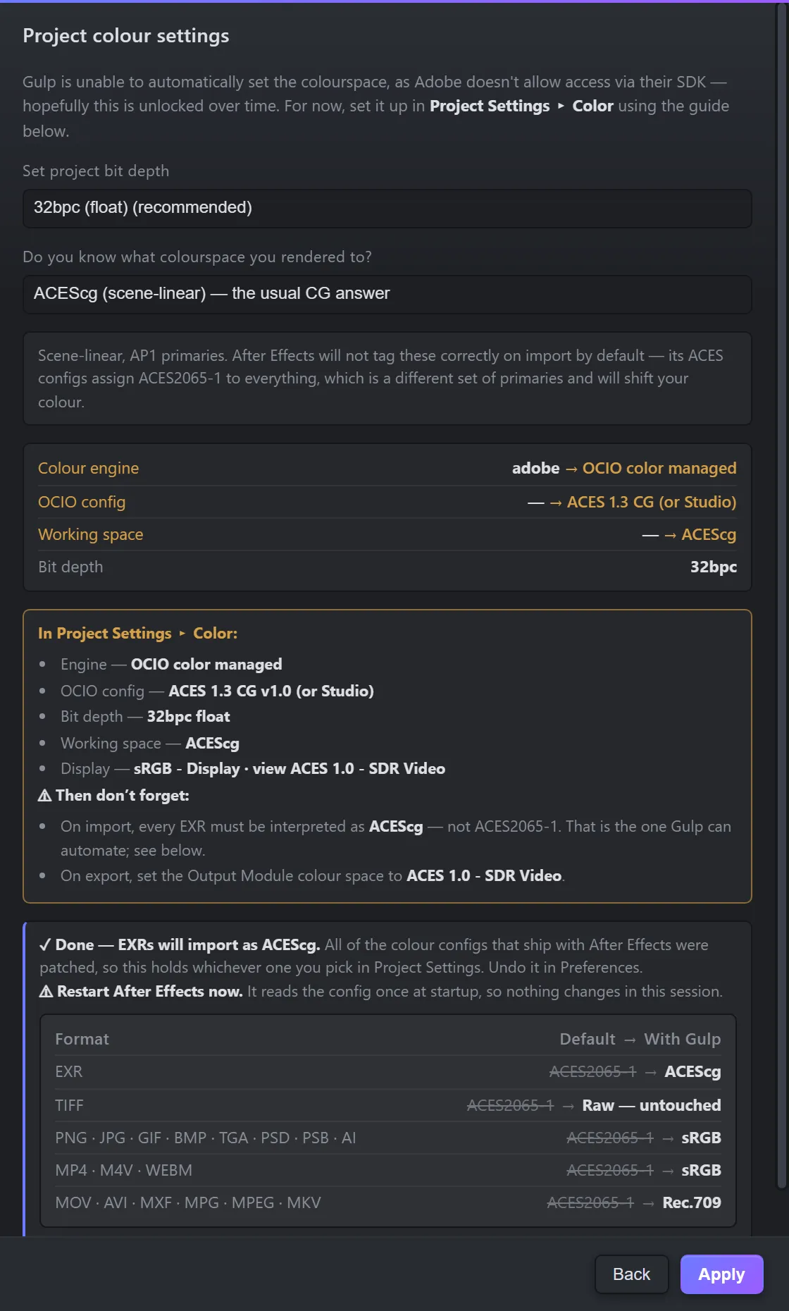 Project colour settings, answered for an ACEScg render