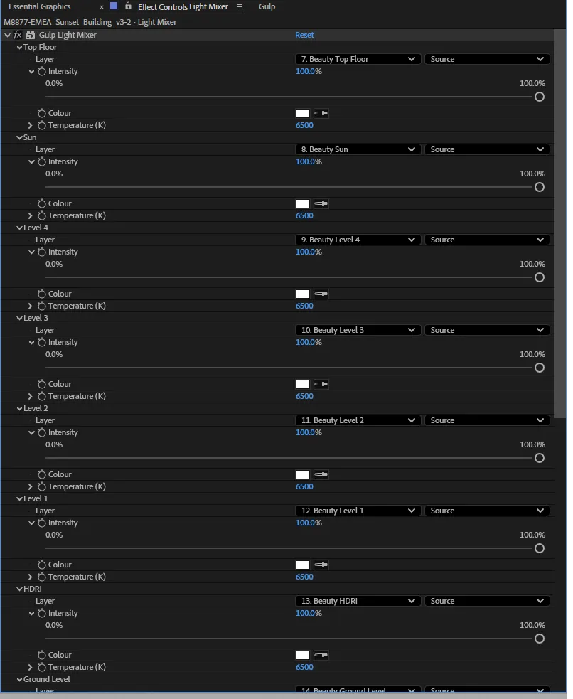Gulp Light Mixer in Effect Controls: a row per light group
