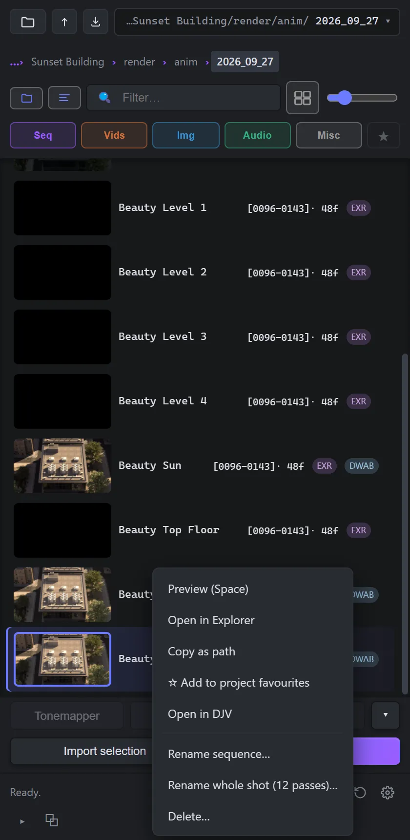 The right-click menu on a sequence