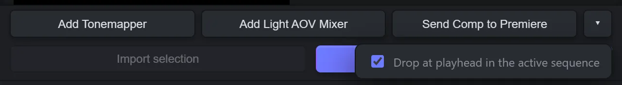 The comp tools row with the Send to Premiere options open