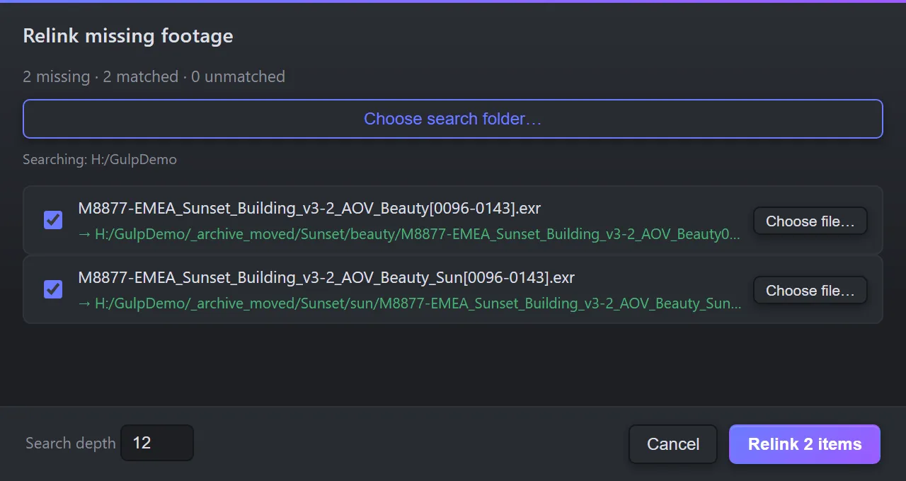 The Relinker after a search, both missing sequences matched