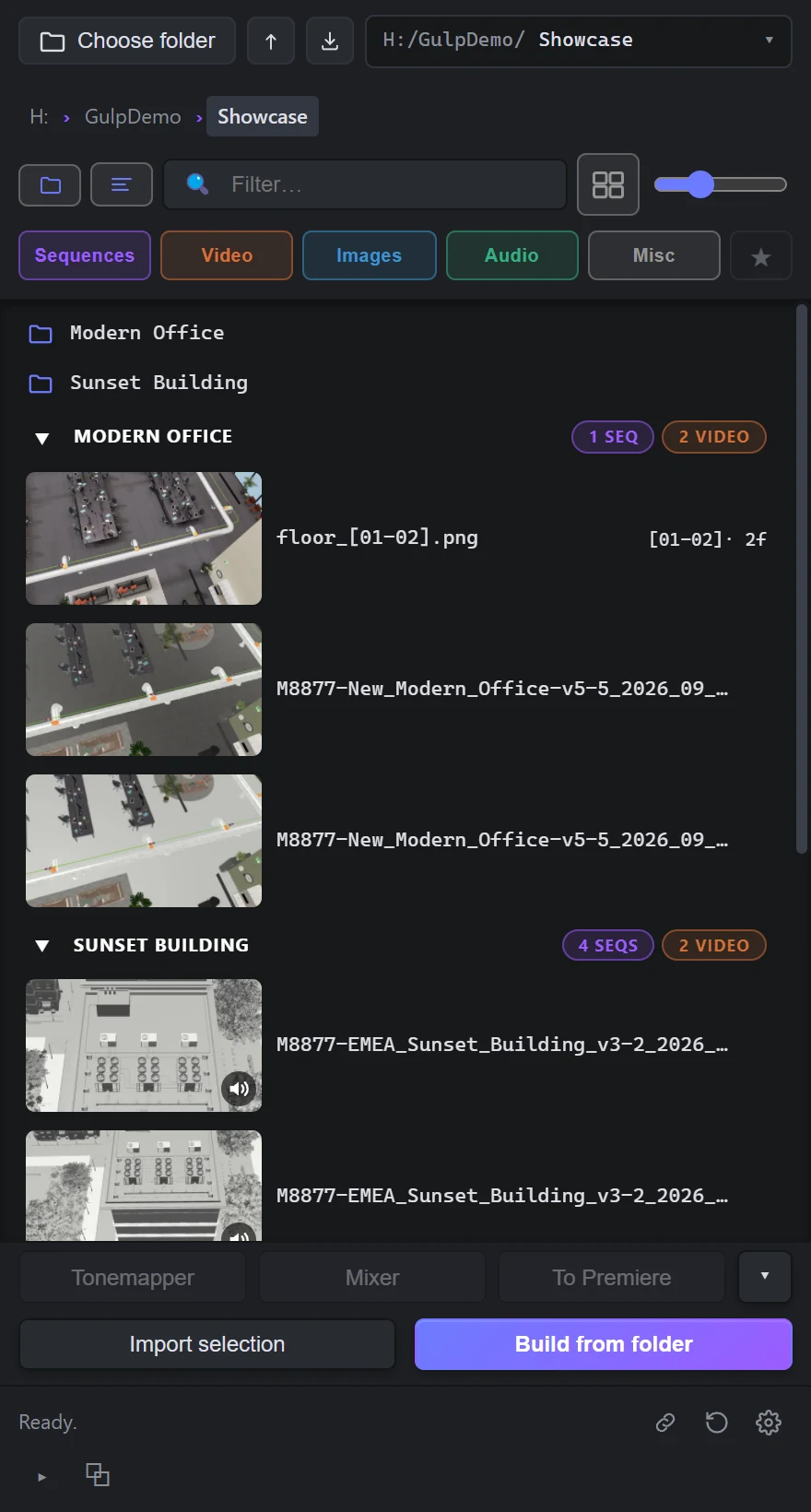 The Gulp panel browsing renders, movies and stills with thumbnails